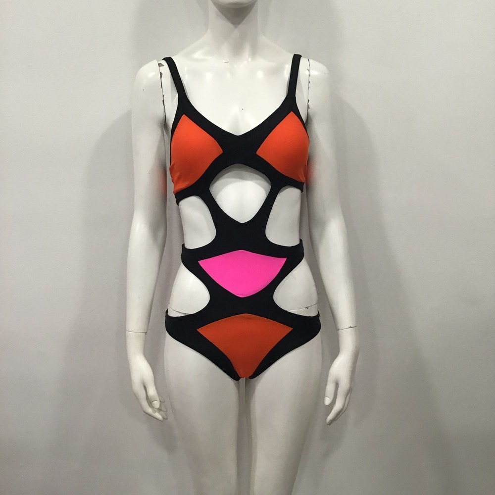 Unbranded‎ Monokini Swimsuit Womens S Orange Pink Black Good Cutout Colorblock